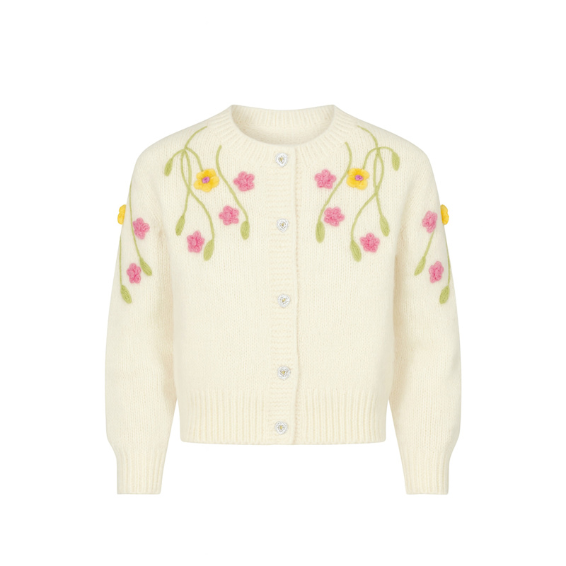 Yumi Beige Flower Embroidered Chunky Knit Cardigan | Yumi | Wolf
