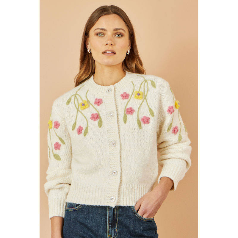 Yumi Beige Flower Embroidered Chunky Knit Cardigan | Yumi | Wolf