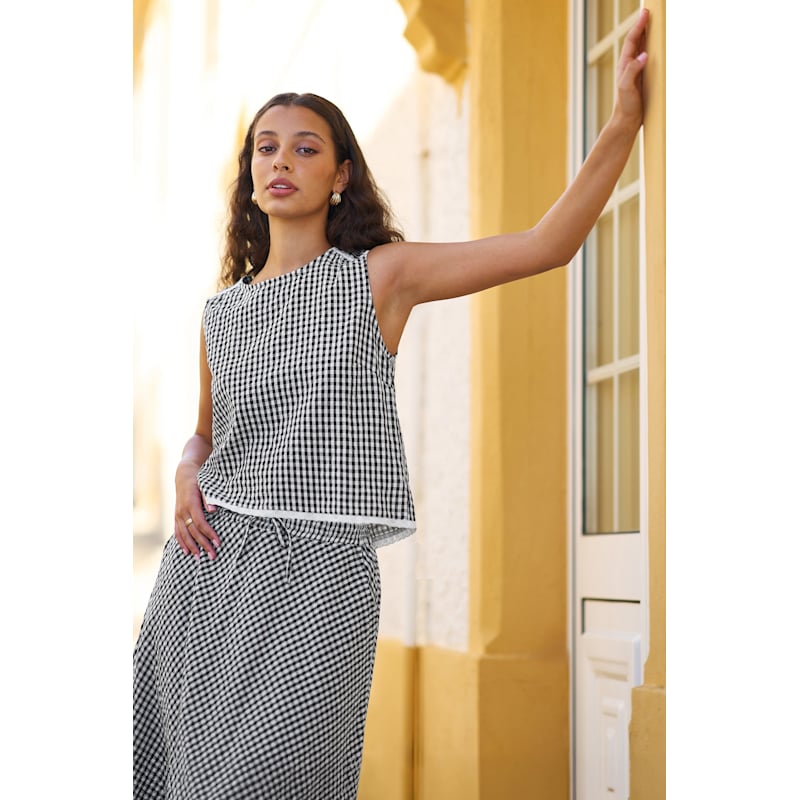 Thumbnail of Yumi Black Gingham Cotton Midi Skirt image