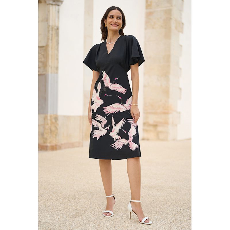 Yumi Black Recycled Fabric Crane Print Kimono Midi Dress | Yumi | Wolf &  Badger