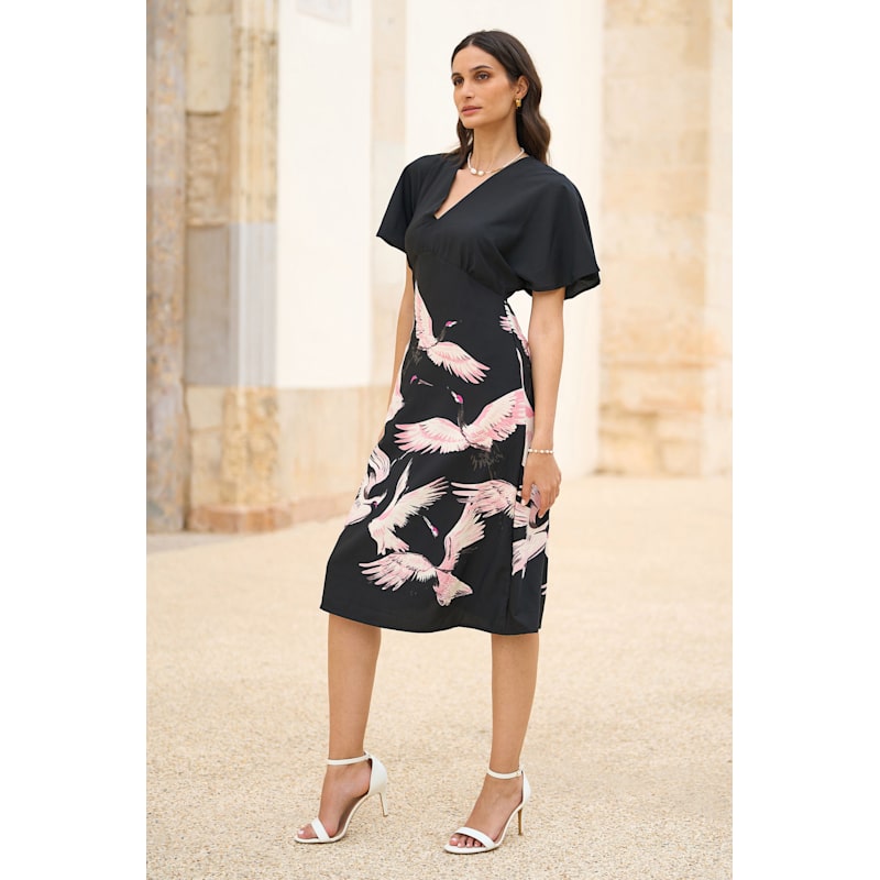 Yumi Black Recycled Fabric Crane Print Kimono Midi Dress | Yumi | Wolf &  Badger