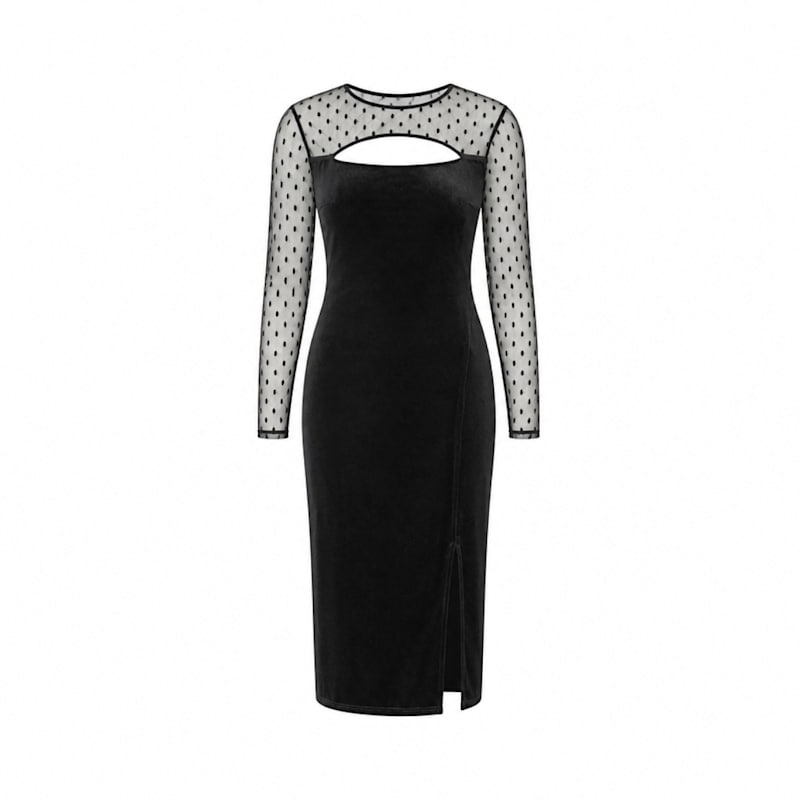long sleeve black velvet midi dress Yumi With Slash Neckline & Sheer Sleeves | Yumi Long sleeves Size:3X/4X Dentistoflosangeles レースとサテンのウェディングドレス Square Lace A-Line Wedding