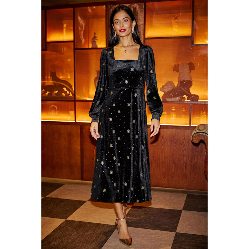 Thumbnail of Yumi Black Velvet Midi Dress With Starburst Foil Print image