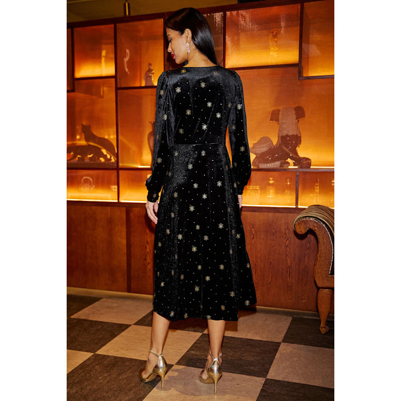 Thumbnail of Yumi Black Velvet Midi Dress With Starburst Foil Print image