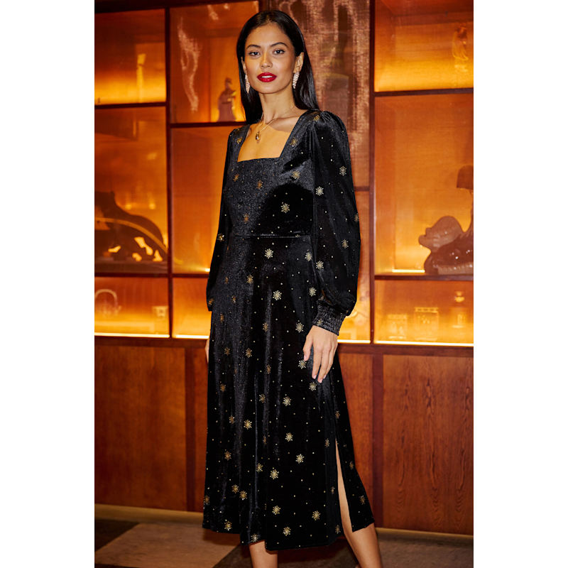 Thumbnail of Yumi Black Velvet Midi Dress With Starburst Foil Print image