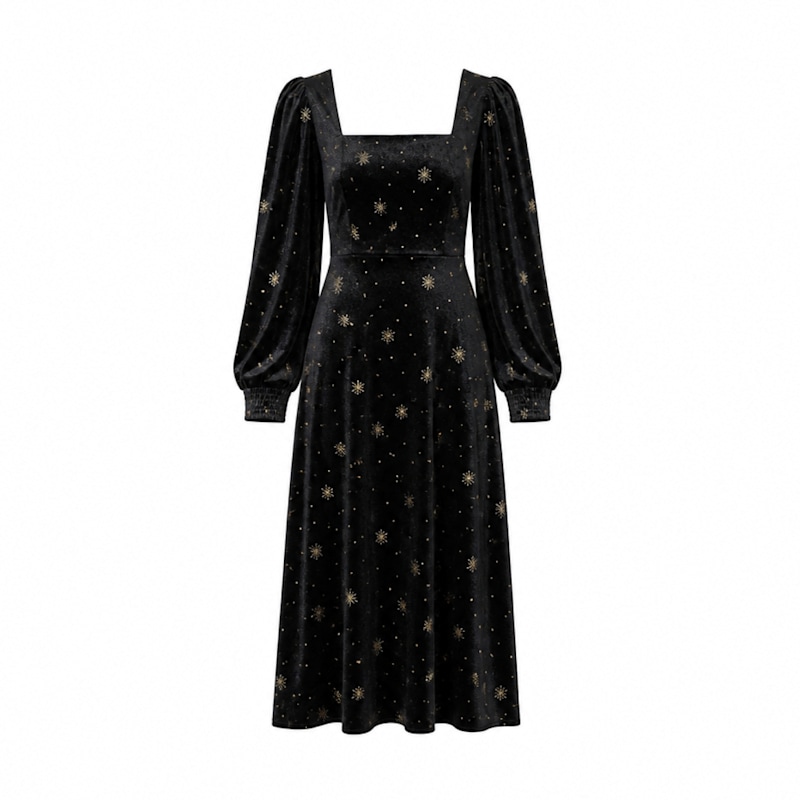 Thumbnail of Yumi Black Velvet Midi Dress With Starburst Foil Print image