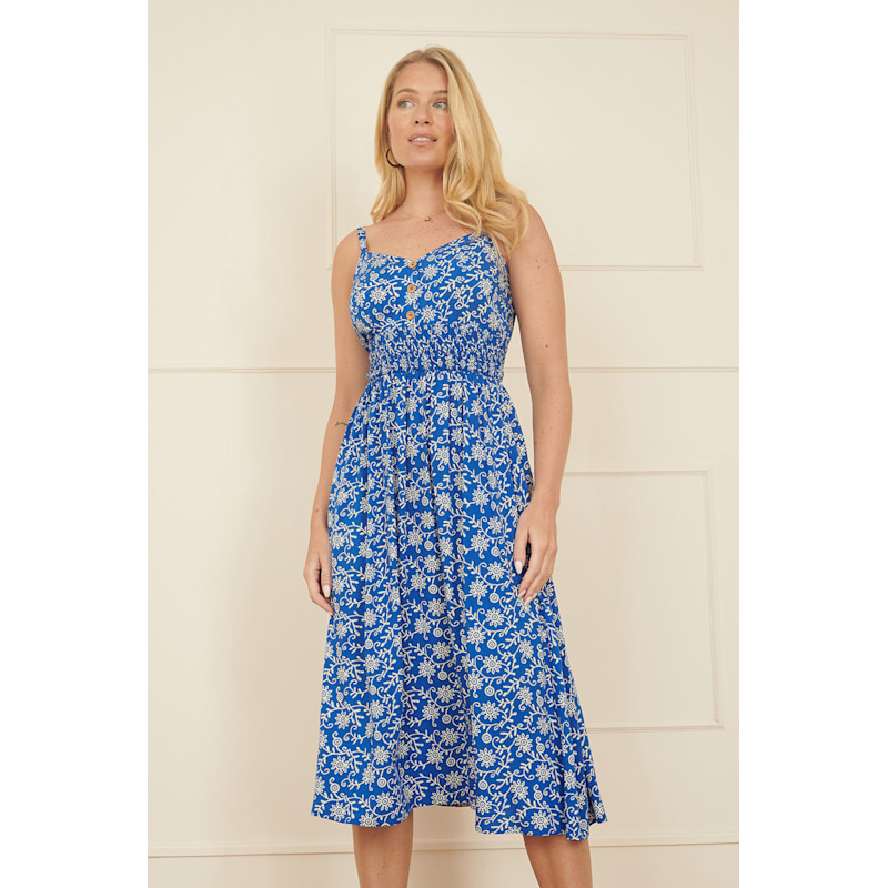Yumi Blue Block Print Midi Sun Dress With Button Details | Yumi | Wolf &  Badger