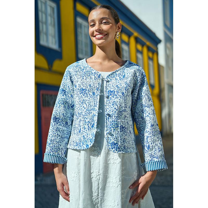 Thumbnail of Yumi Blue Boho Floral Print Cropped Reversible Cotton Quilted Jacket image