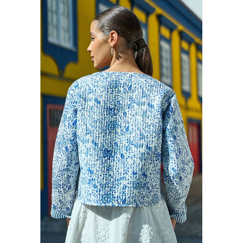 Thumbnail of Yumi Blue Boho Floral Print Cropped Reversible Cotton Quilted Jacket image