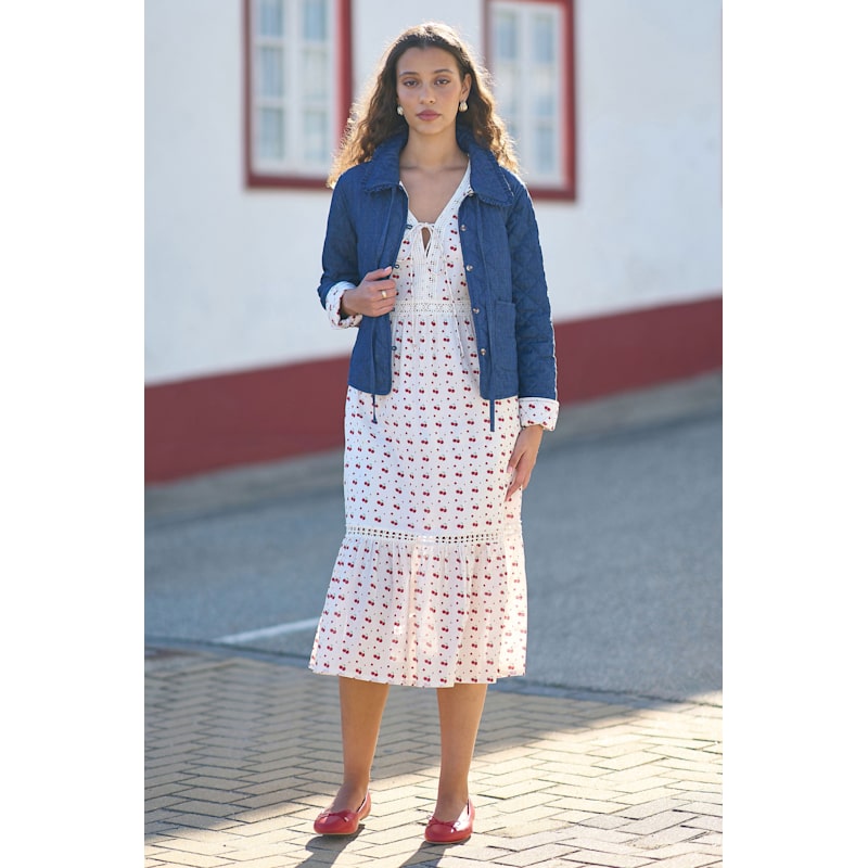 Thumbnail of Yumi Blue Chambray Quilted Jacket With Cherry Lining image