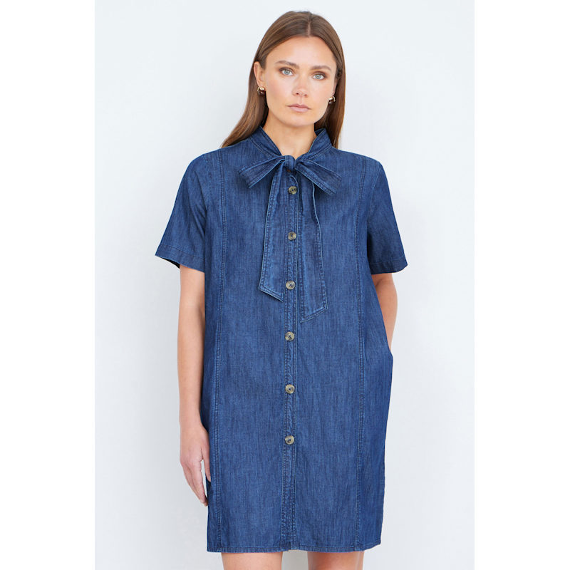 Thumbnail of Yumi Blue Chambray Tunic With Pussy Bow Tie image