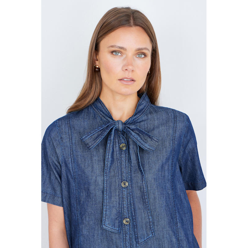 Thumbnail of Yumi Blue Chambray Tunic With Pussy Bow Tie image
