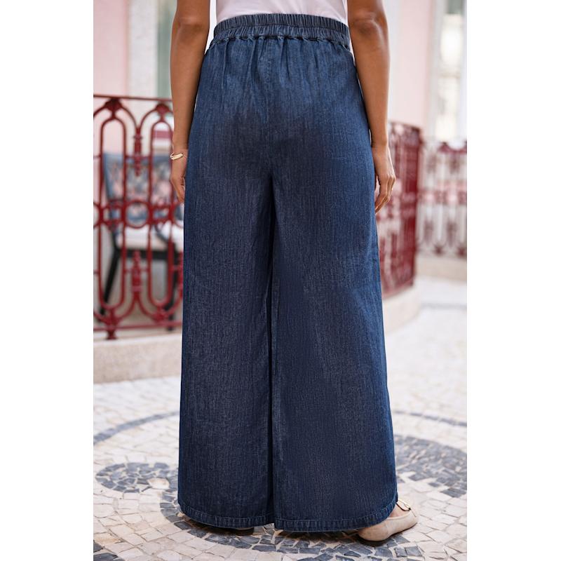 Yumi Blue Chambray Wide Leg Trousers With Button Details | Yumi