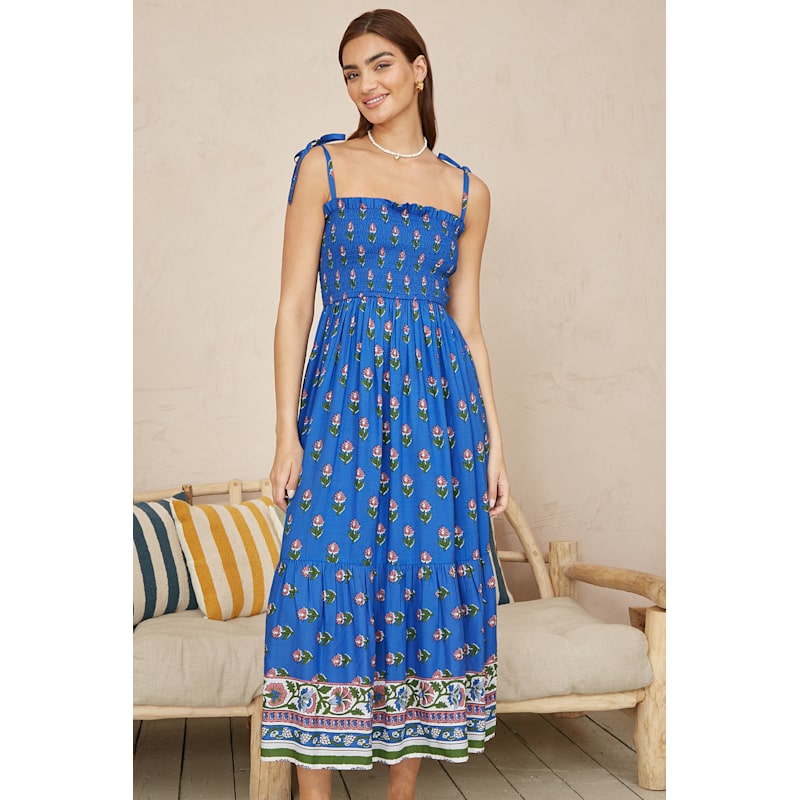 Thumbnail of Yumi Blue Strappy Paisley Print Midi Dress With Ruched Bodice image