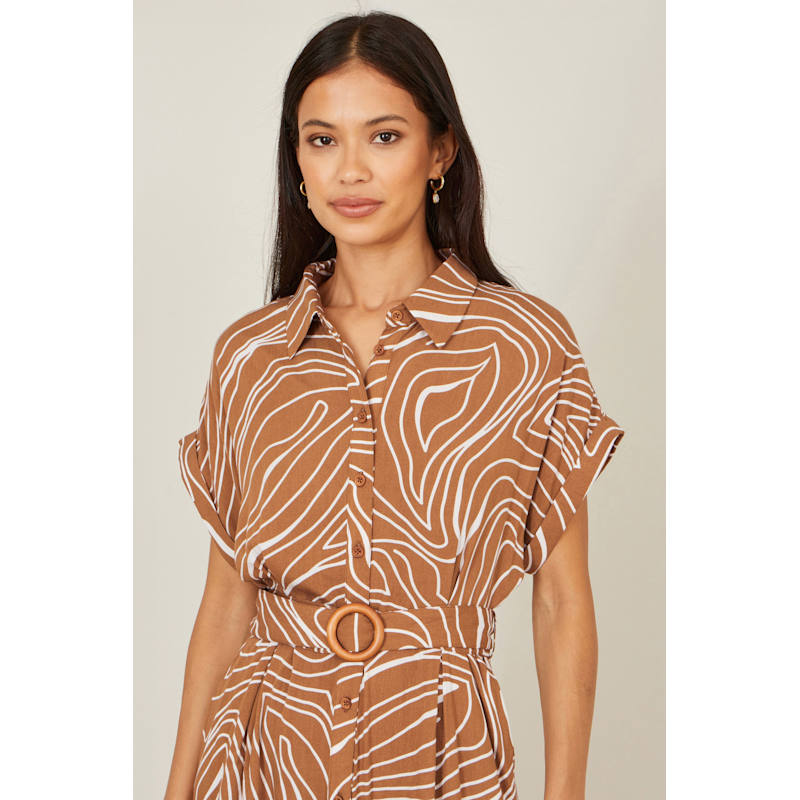 Yumi Brown Abstract Swirl Print Relaxed Midi Shirt Dress With Belt | Yumi |  Wolf & Badger