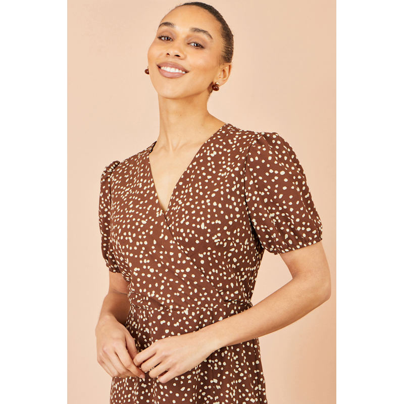 Yumi Brown Spot Midi Dress With Split Hemline | Yumi