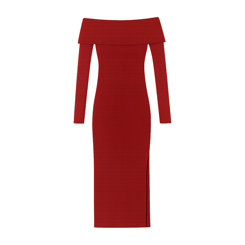 Yumi Burgundy Bardot Knitted Fitted Midi Dress Yumi Wolf Badger