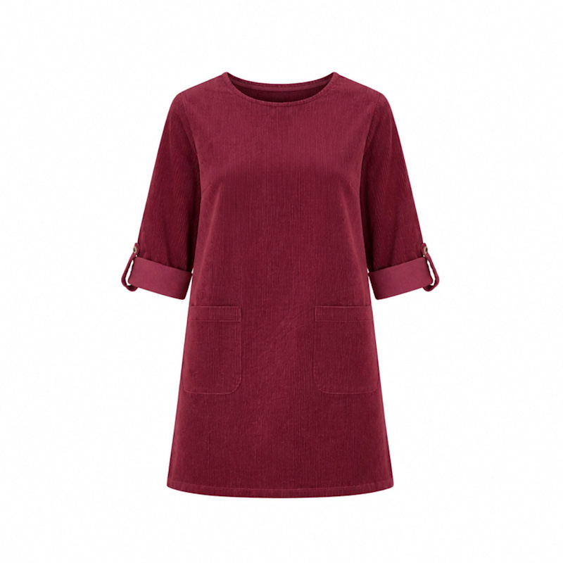 Yumi Burgundy Cord Tunic Dress With 3/4 Sleeves And Pockets by Yumi