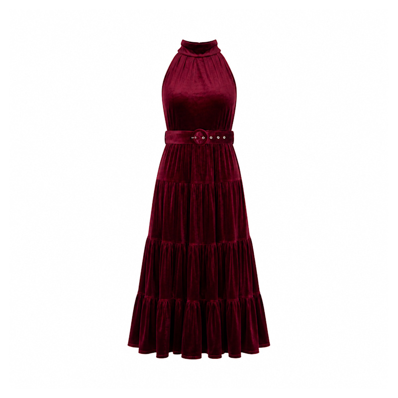 Yumi Burgundy Velvet Halter Maxi Dress With Belt | Yumi