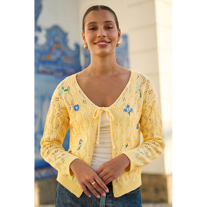 Thumbnail of Yumi Butter Yellow Embroidered Pointelle Cardigan image