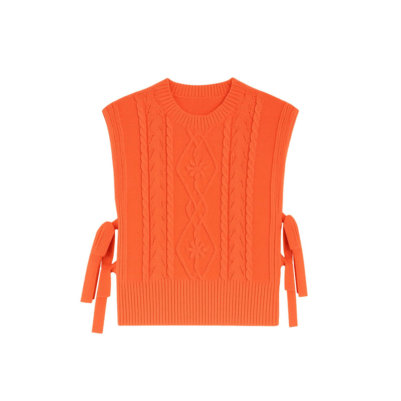 Yumi Flower Cable Knit Tie Side Pullover In Orange | Yumi | Wolf