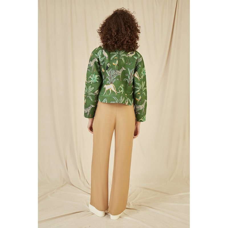 Thumbnail of Yumi Green Animal Print Reversible Cotton Cropped Quilted Jacket image