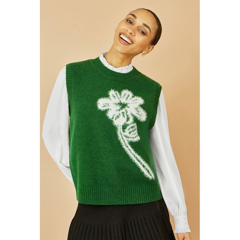 Thumbnail of Yumi Green Knitted Flower Sleeveless Jumper Vest image