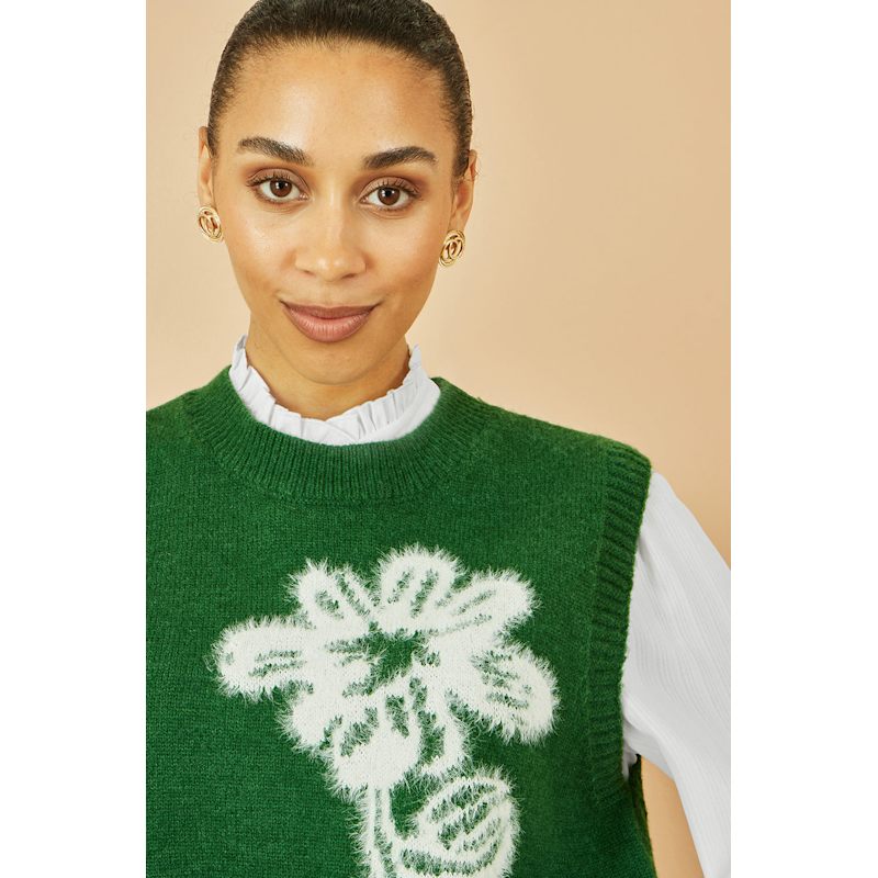 Thumbnail of Yumi Green Knitted Flower Sleeveless Jumper Vest image