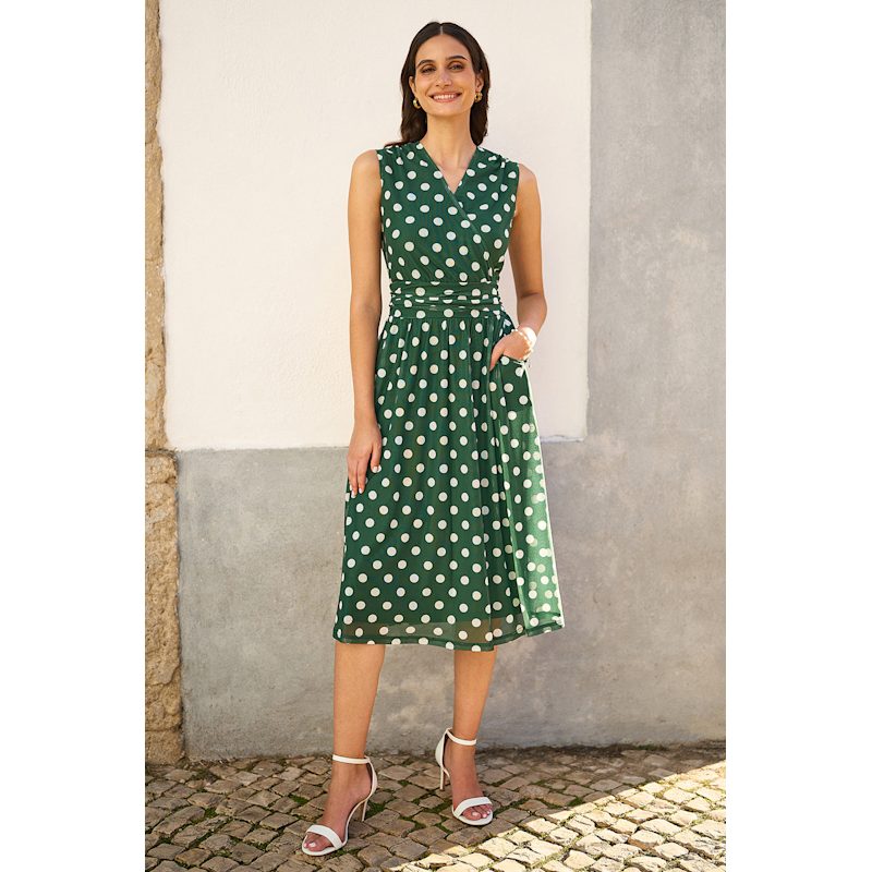Thumbnail of Yumi Green Polka Dot Mesh Wrap Skater Dress With Pockets image