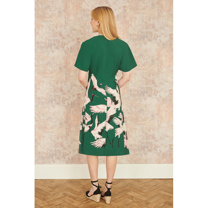 Thumbnail of Yumi Green Recycled Fabric Crane Print Kimono Midi Dress image