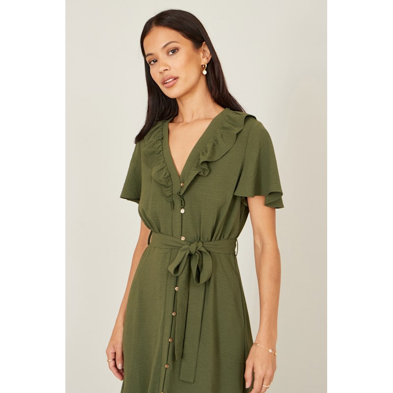 Thumbnail of Yumi Green Ruffle Collar Midi Shirt Dress image