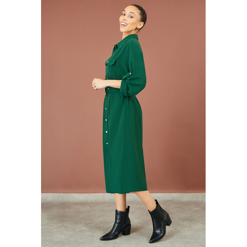 Yumi Green Stretch Midi Shirt Dress by Yumi