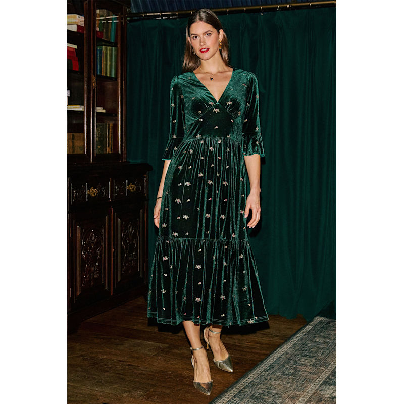 green velvet embroidered dress Yumi Midi by Yumi Earthy Tones