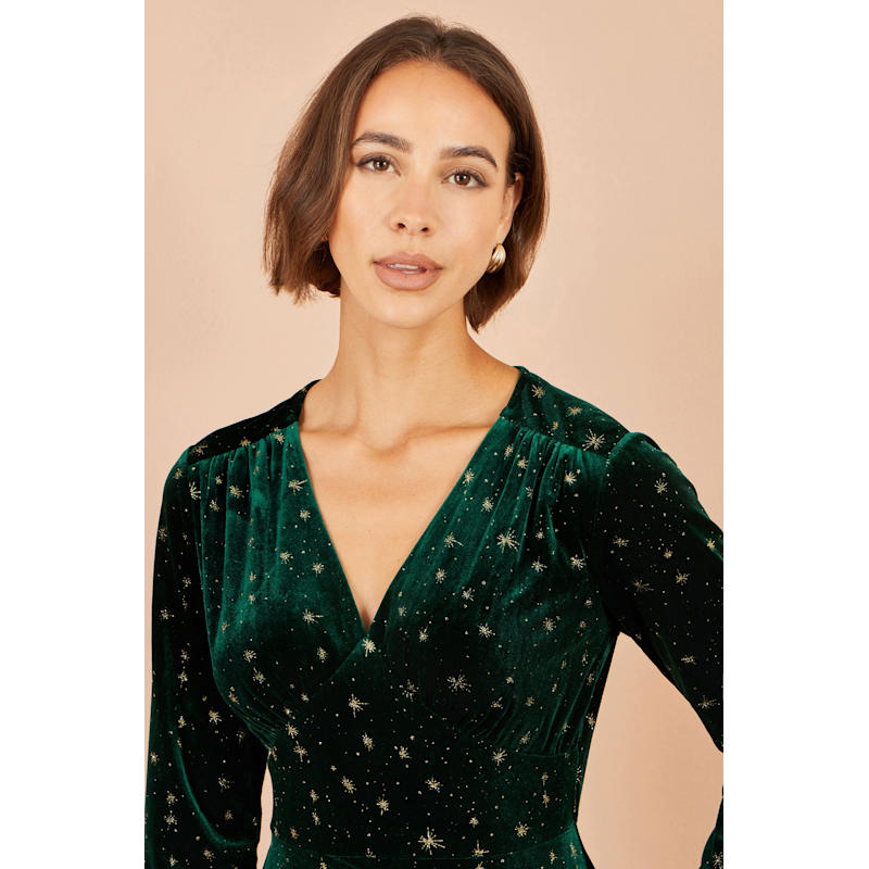 Thumbnail of Yumi Green Velvet Skater Dress With Foil Star Print image