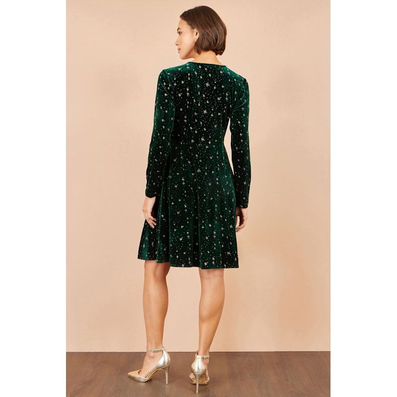 Thumbnail of Yumi Green Velvet Skater Dress With Foil Star Print image