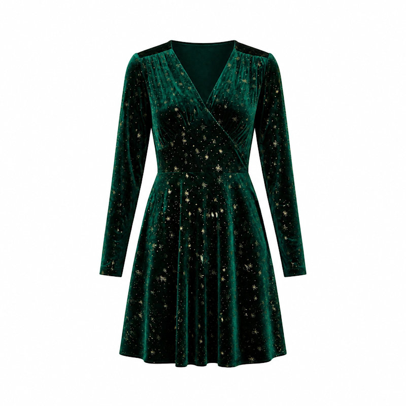 Yumi Green Velvet Skater Dress With Foil Star Print by Yumi
