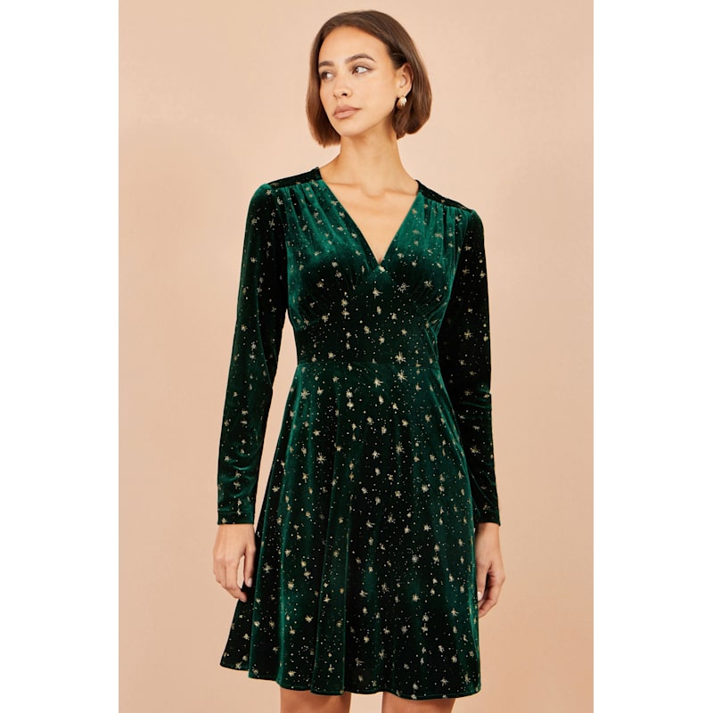 Thumbnail of Yumi Green Velvet Skater Dress With Foil Star Print image