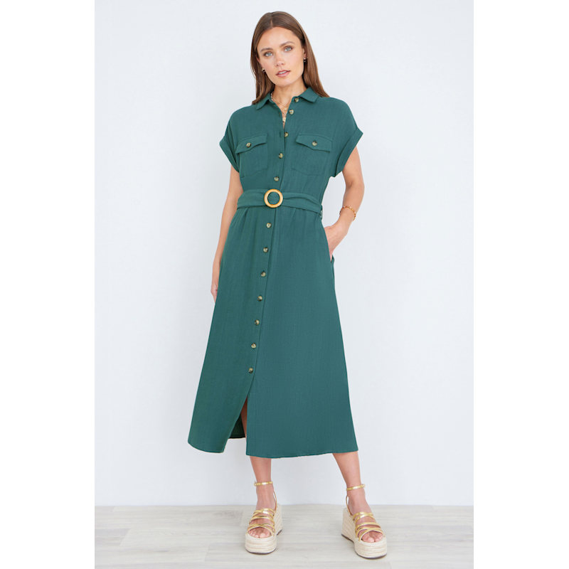 green viscose dress Womens Yumi Linen Look Midi Shirt With Wooden Belt US 16 cotton viscose fabric dress
