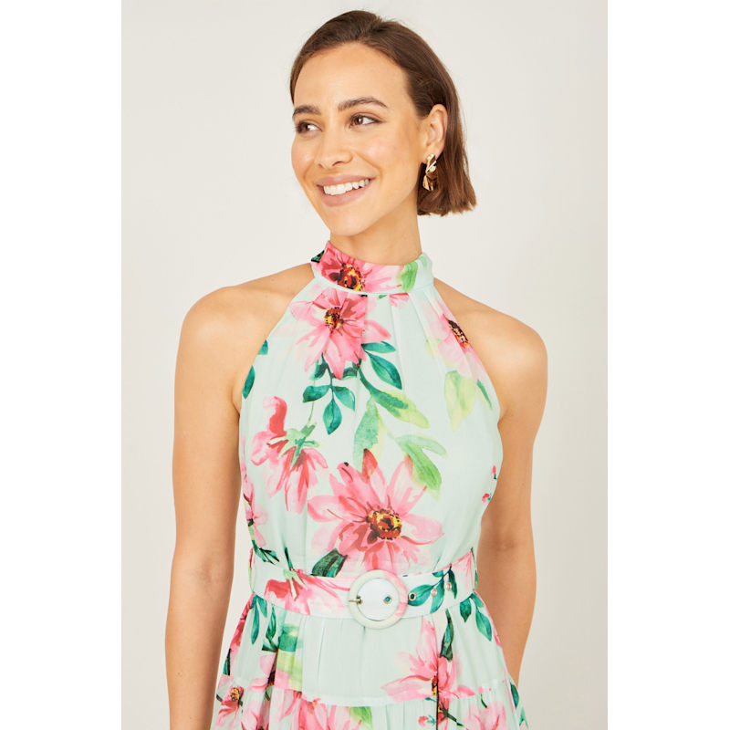 Thumbnail of Yumi Mint Floral Halter Neck Midi Dress With Matching Belt image