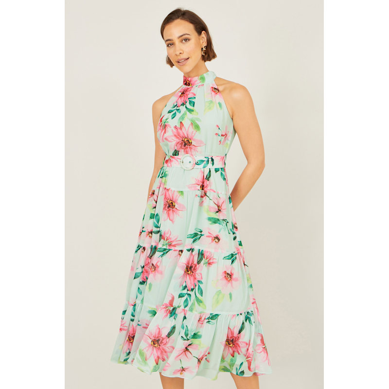 Thumbnail of Yumi Mint Floral Halter Neck Midi Dress With Matching Belt image