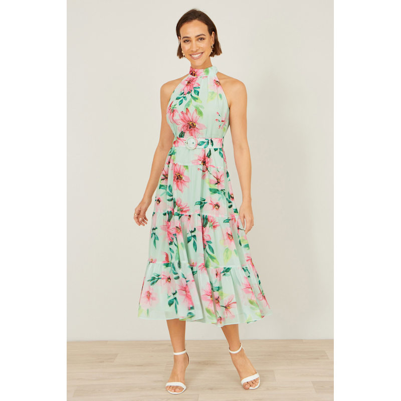 Thumbnail of Yumi Mint Floral Halter Neck Midi Dress With Matching Belt image