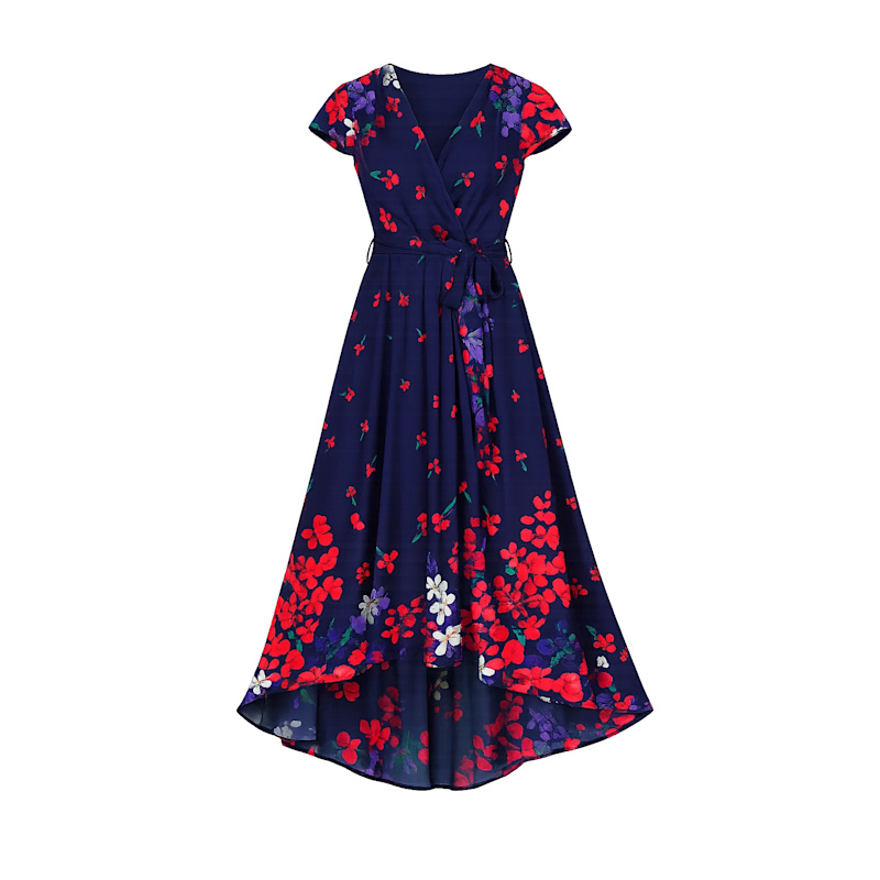 Yumi Navy Floral Mirror Wrap Dress With Dip Hem | Yumi