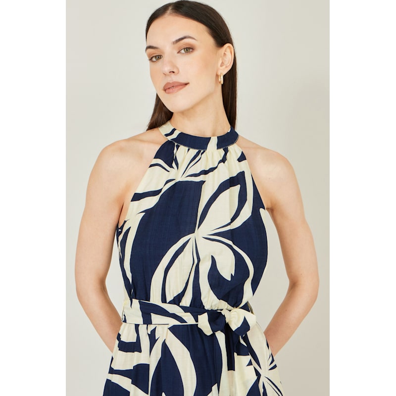 Yumi Navy Geo Swirl Print Halter Maxi Dress by Yumi