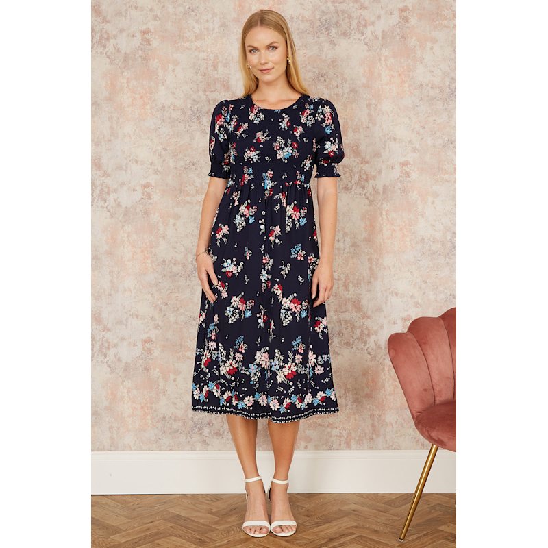 Thumbnail of Yumi Navy Recycled Floral Ruched Midi Dress With Puff Sleeves image