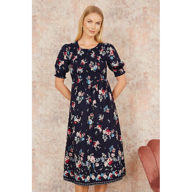 Thumbnail of Yumi Navy Recycled Floral Ruched Midi Dress With Puff Sleeves image