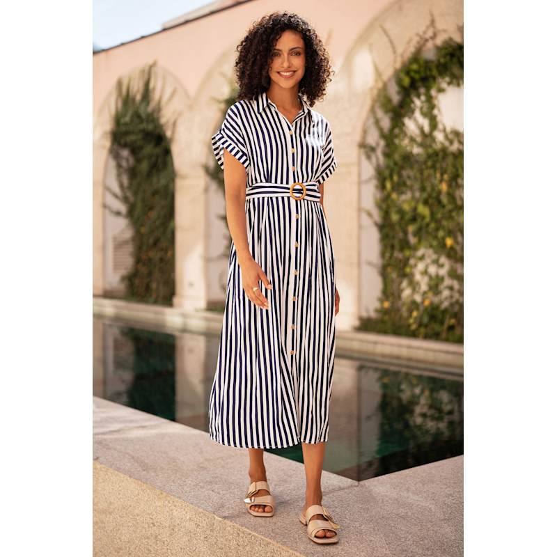 Thumbnail of Yumi Navy Stripe Print Relaxed Midi Shirt Dress With Belt image