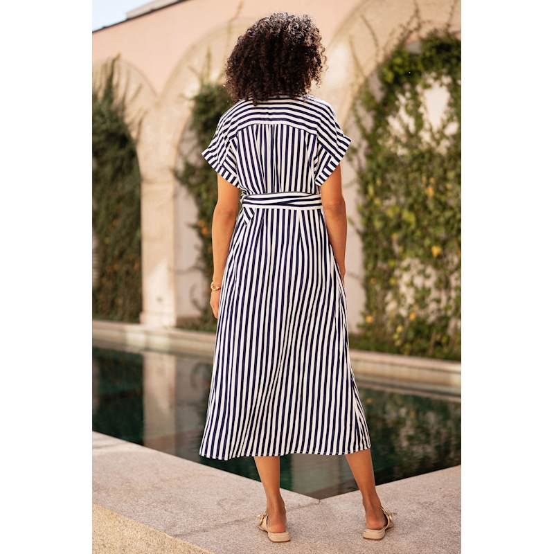 Thumbnail of Yumi Navy Stripe Print Relaxed Midi Shirt Dress With Belt image