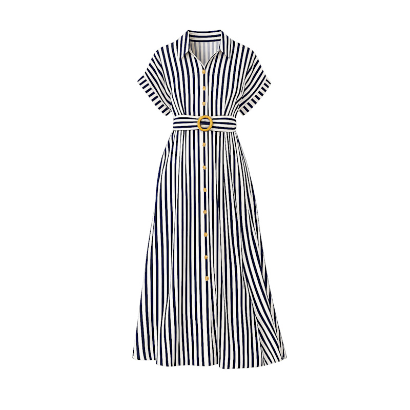 Thumbnail of Yumi Navy Stripe Print Relaxed Midi Shirt Dress With Belt image