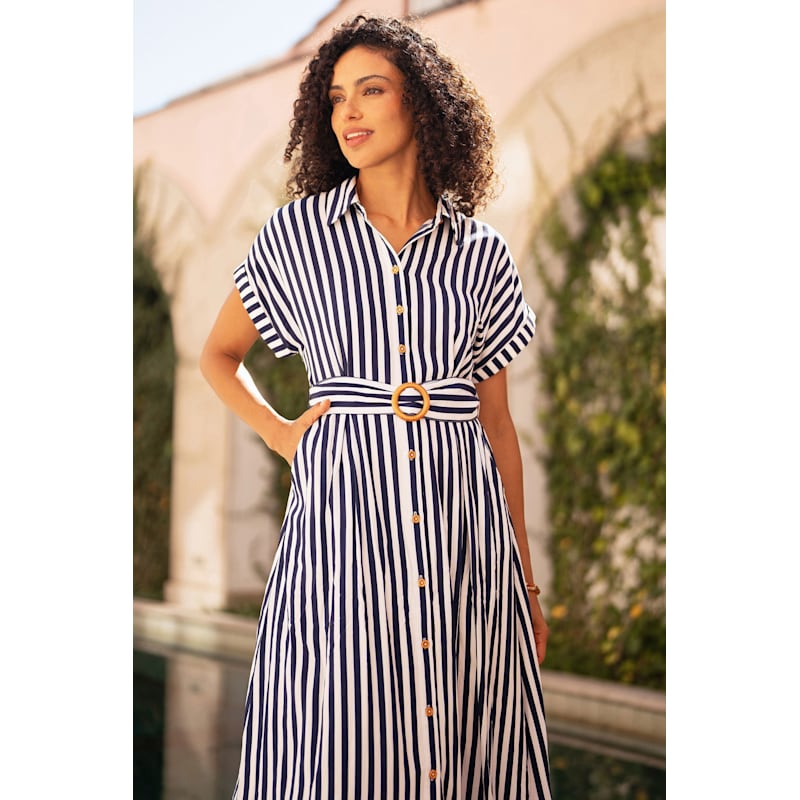 Thumbnail of Yumi Navy Stripe Print Relaxed Midi Shirt Dress With Belt image