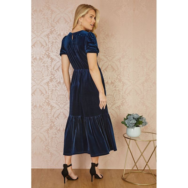 knee length dresses for ladies Navy Velvet Long Sleeve Split Skirt Midi Dress – AX Paris main image 1